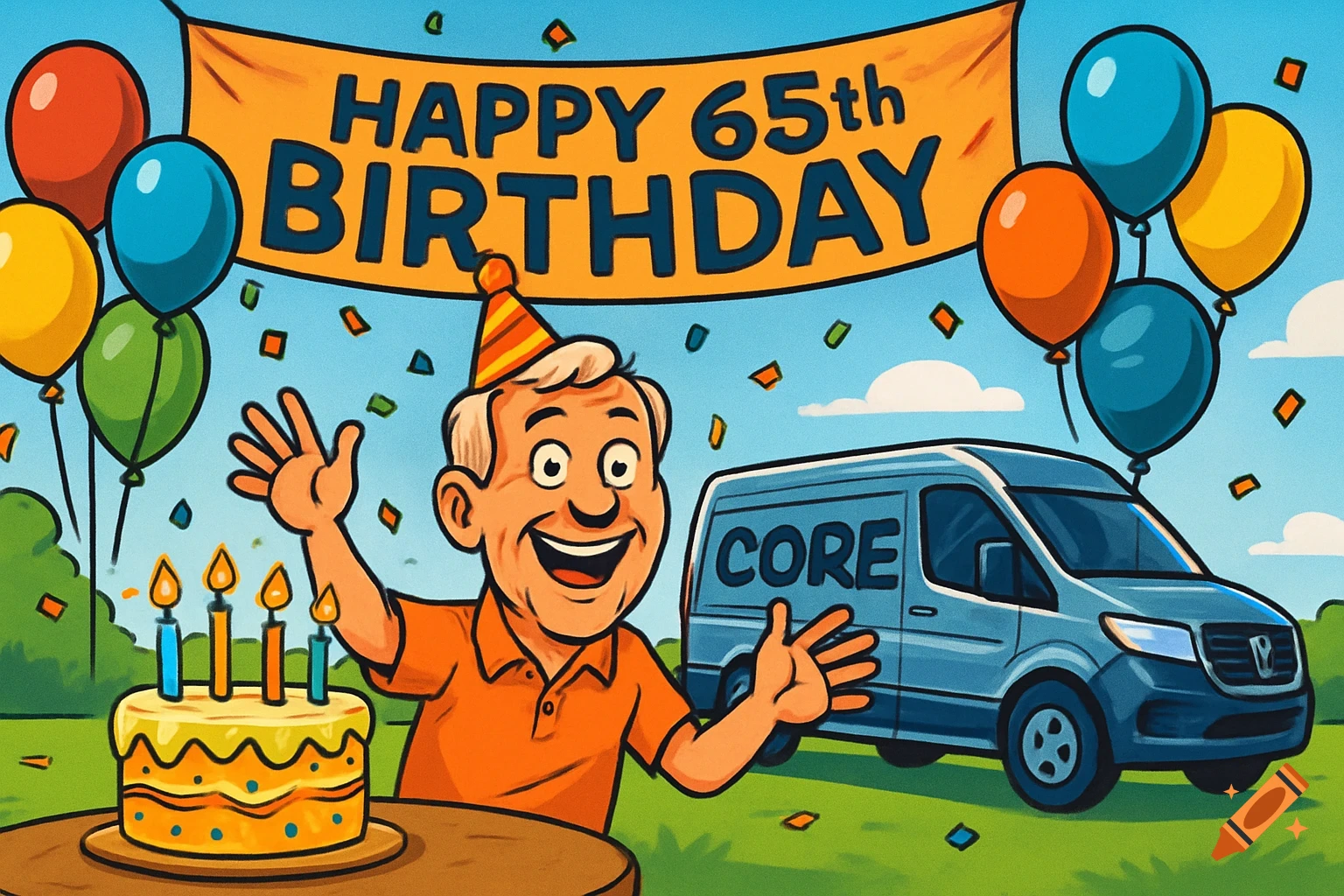 Cartoon illustration of a man celebrating his 65th birthday with a cake, balloons, banner, and a van with 'CORE' in the background.