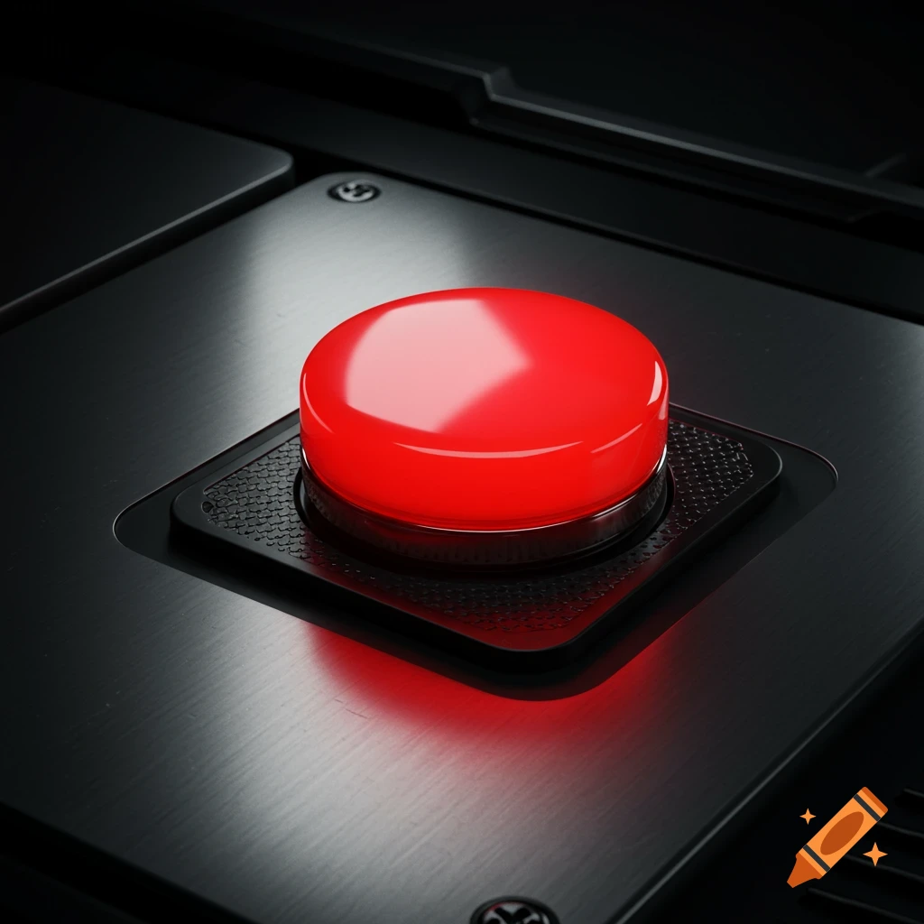 A close-up, photorealistic image of a shiny red button on a dark, brushed metal panel, with a subtle red glow beneath it.