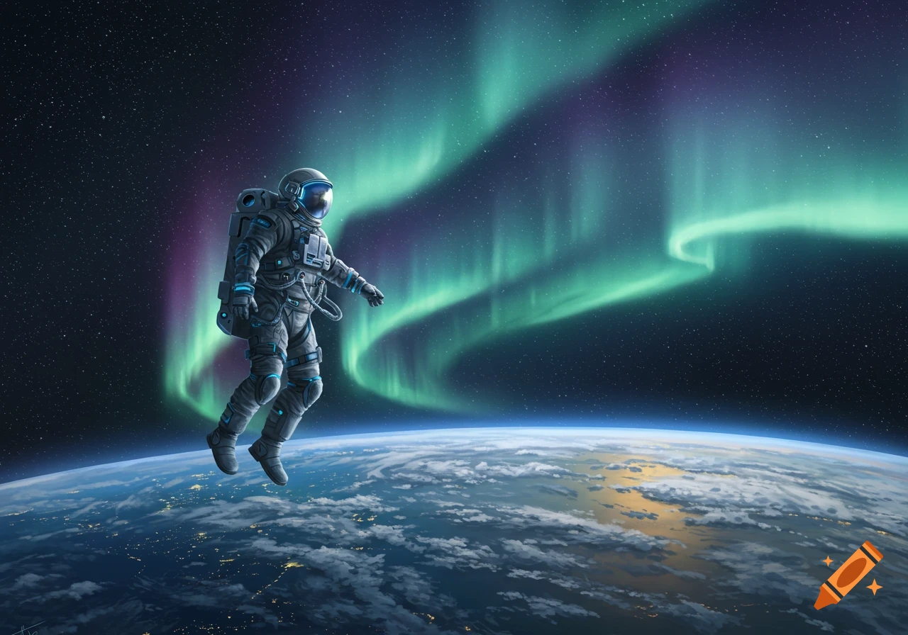 An astronaut floats above Earth with vibrant green and purple aurora borealis and stars in the background.