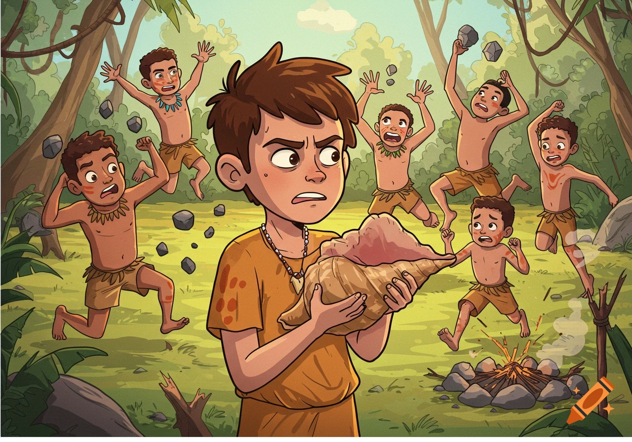 Cartoon of a frustrated teenage boy with a conch shell surrounded by wild boys throwing rocks in a jungle.