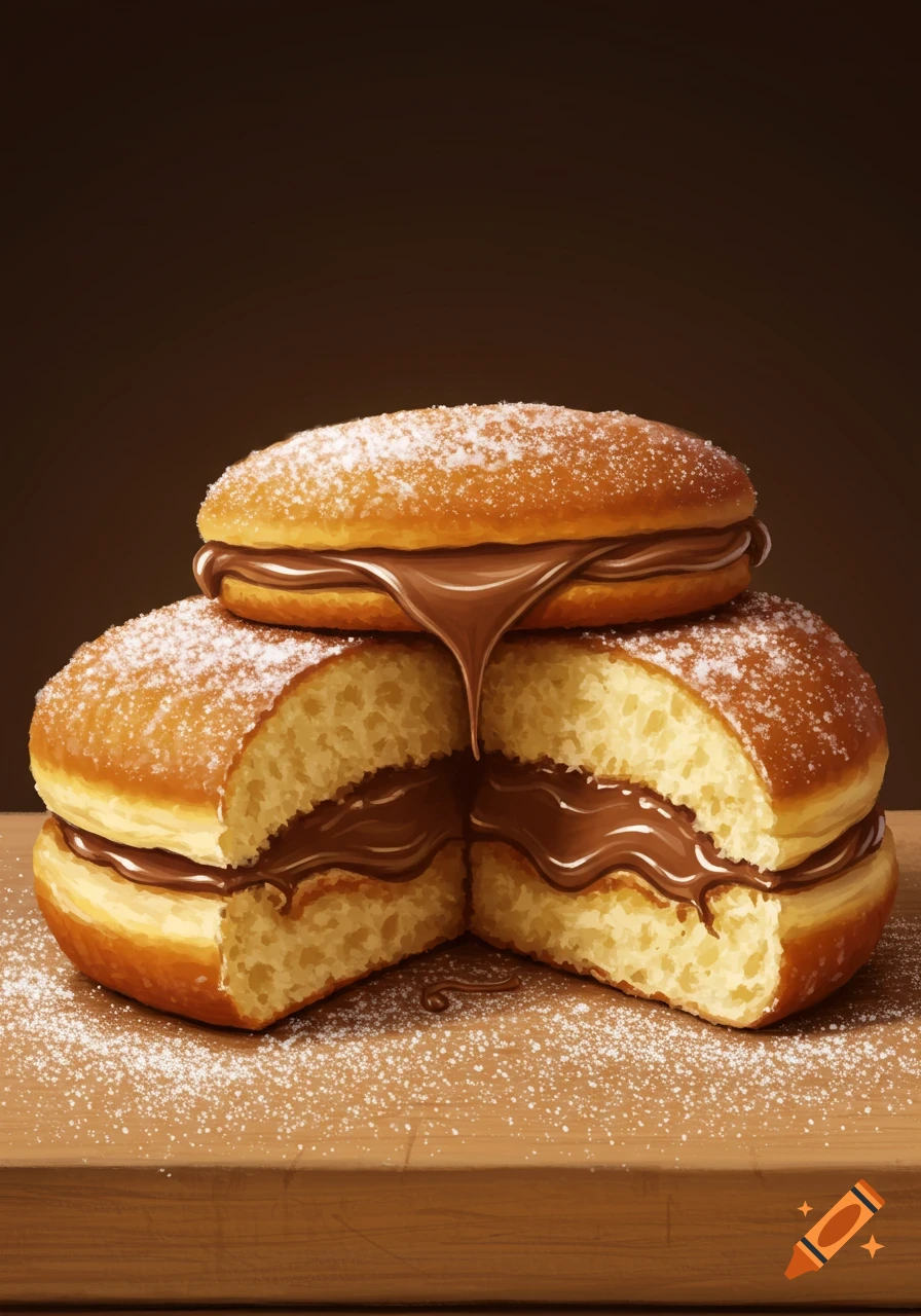 Illustrated donut sandwiches with chocolate filling and powdered sugar, one cut in half revealing the inside, on a wooden board.