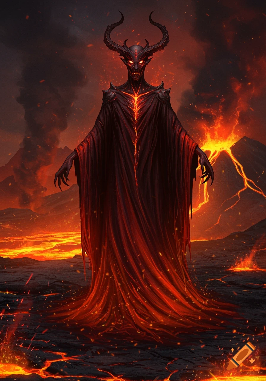 A horned, red-eyed demonic figure in a glowing black and red robe stands in a dark, fiery volcanic landscape with lava flows and erupting volcanoes.