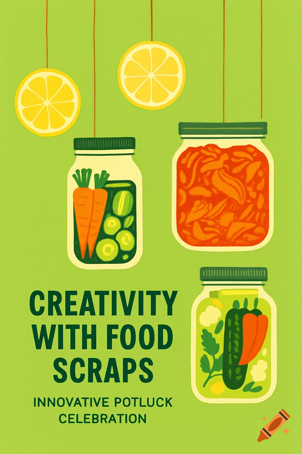 A vibrant green poster with two hanging lemon slices and three jars of preserved food, including carrots, pickles, and kimchi. Text reads: "CREATIVITY WITH FOOD SCRAPS INNOVATIVE POTLUCK CELEBRATION."