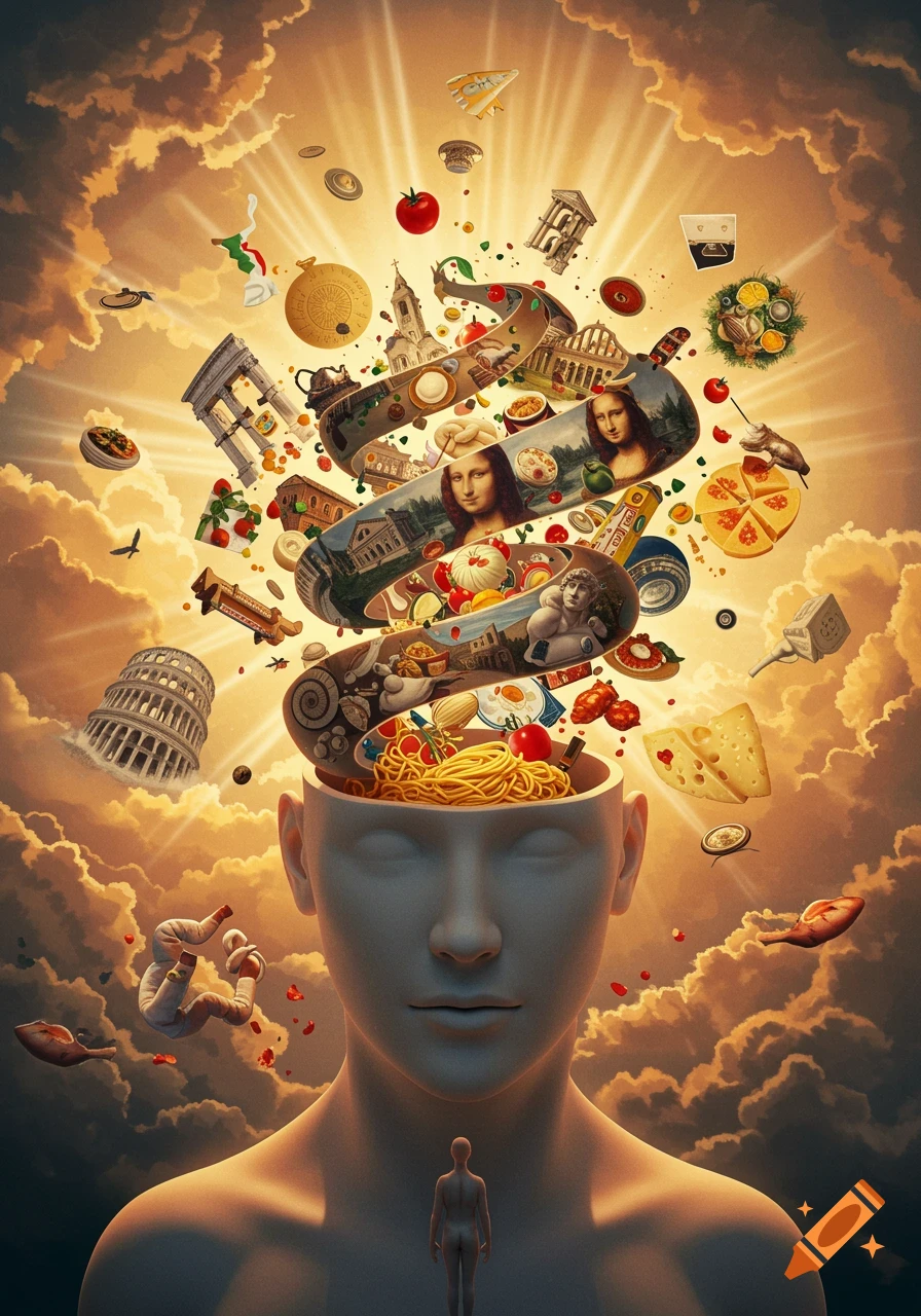 A surreal image of a human head with an open top, from which a ribbon-like stream of Italian cultural elements, including the Mona Lisa, Coliseum, and food, flows into a vibrant, cloud-filled sky.