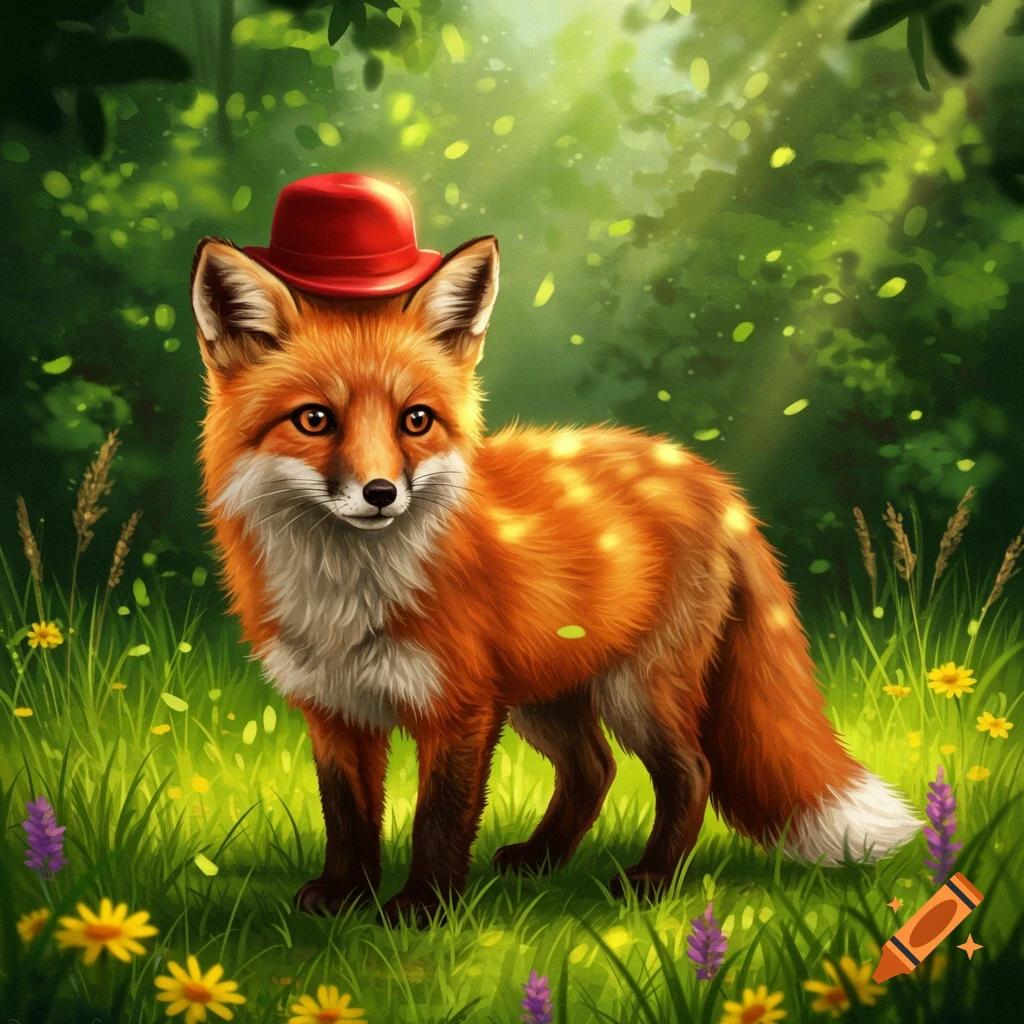 A fluffy orange fox wearing a red hat stands in a green forest with wildflowers and dappled sunlight, in an illustrative style.