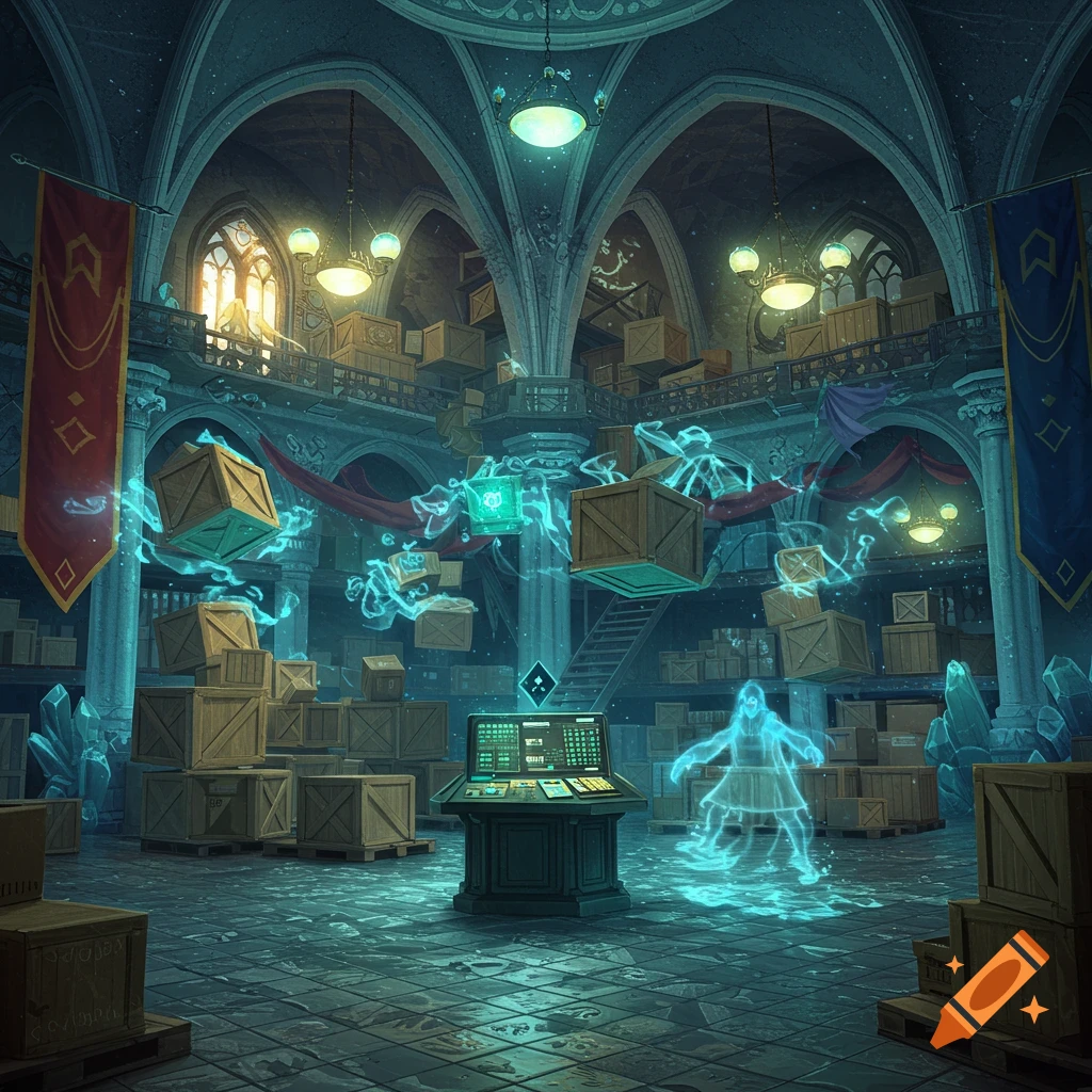 A grand, dimly lit warehouse with tall arches and glowing lights. Floating wooden crates are suspended by magical blue energy, surrounding a central control console and a spectral figure.