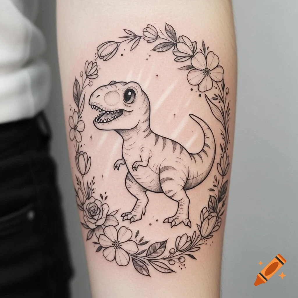 Black and grey tattoo of a cute T-Rex with teeth showing, surrounded by a floral wreath of roses and tulips, on an arm.