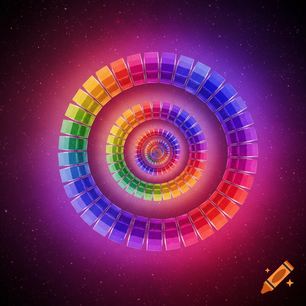 A vibrant rainbow-colored spiral made of rectangular blocks set against a starry purple and pink cosmic background.