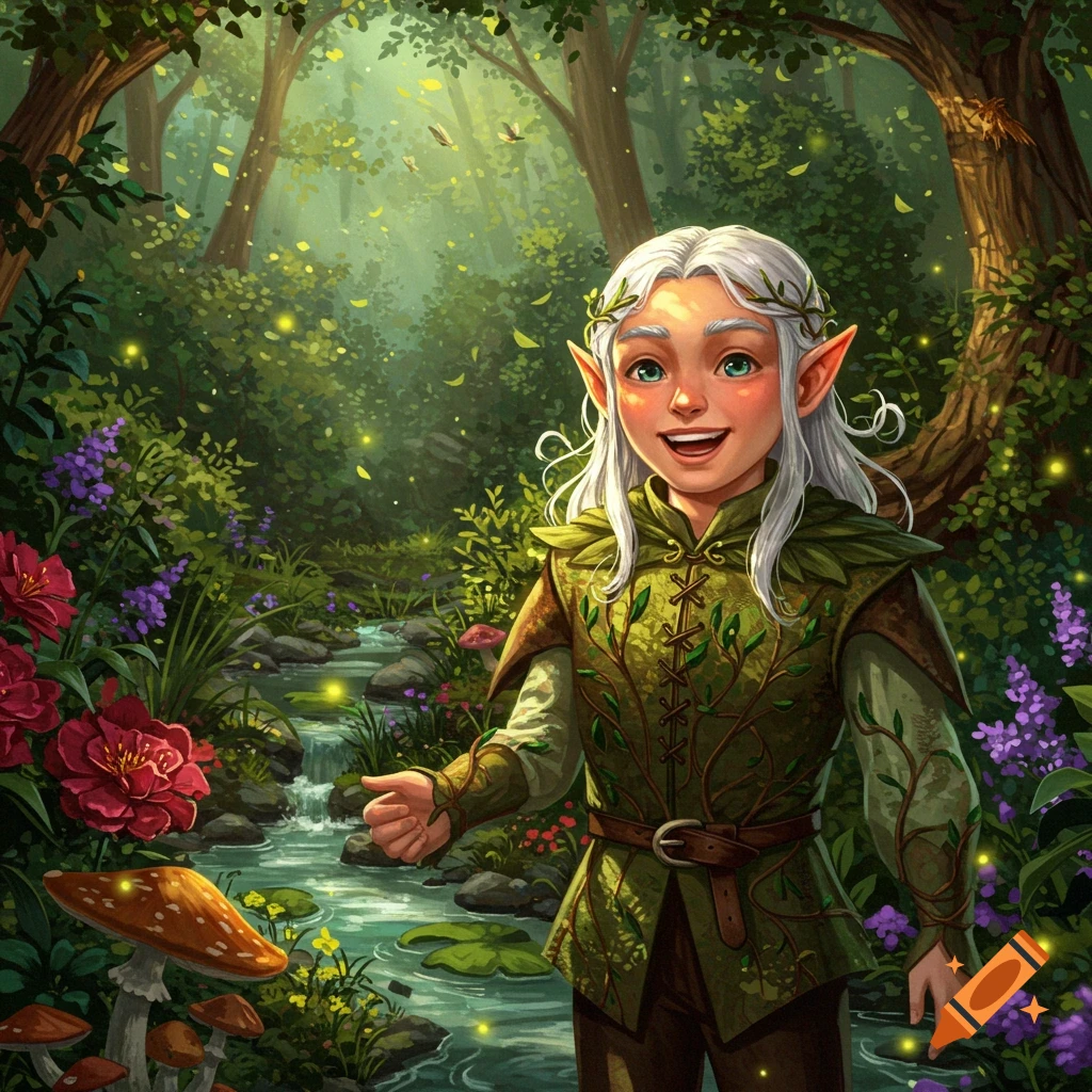 A smiling young elf with white hair and green eyes, dressed in a green leafy tunic, stands in a vibrant magical forest with a stream and glowing lights.