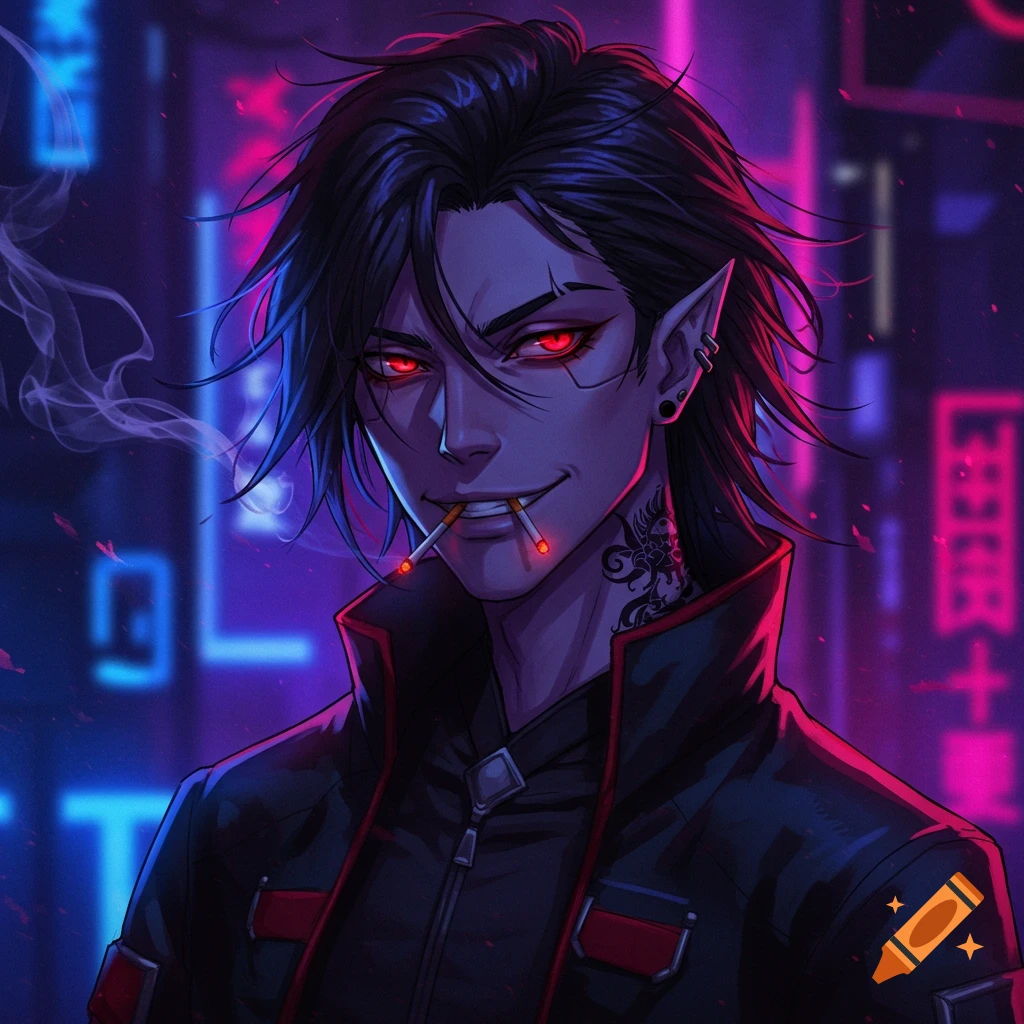 An anime-style portrait of a dark-haired character with red eyes and pointed ears, smoking, against a neon city background.