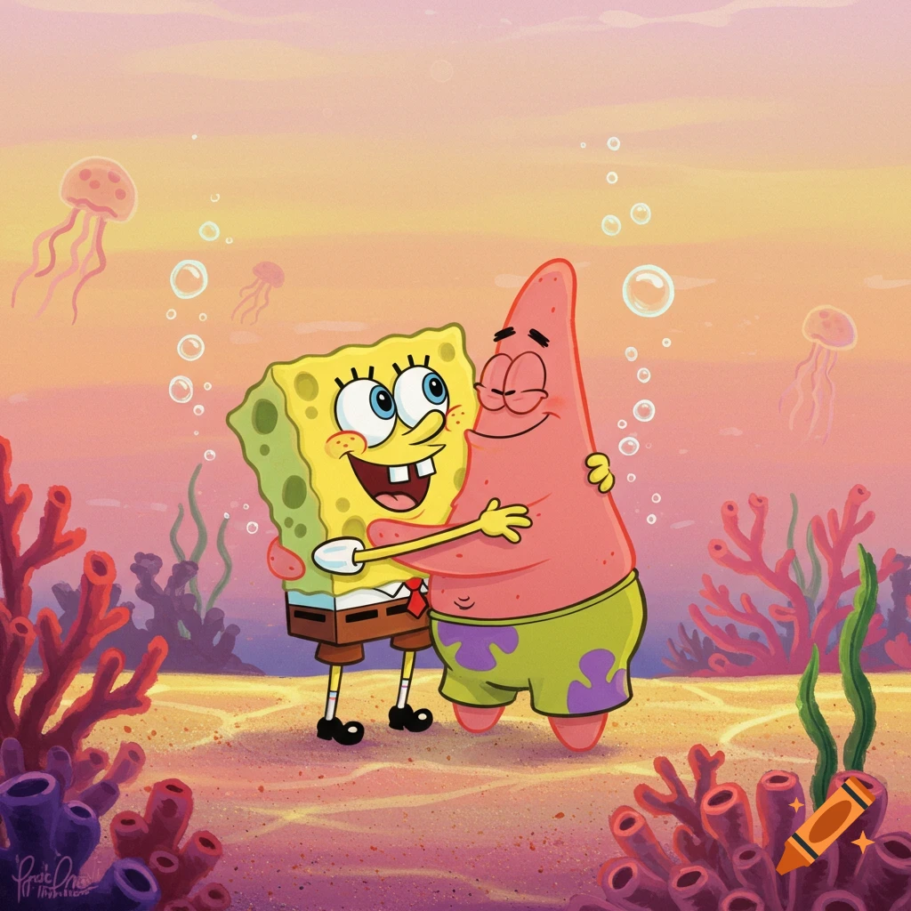 Spongebob Squarepants and Patrick Star hug underwater, surrounded by coral and jellyfish, in a cartoon style.