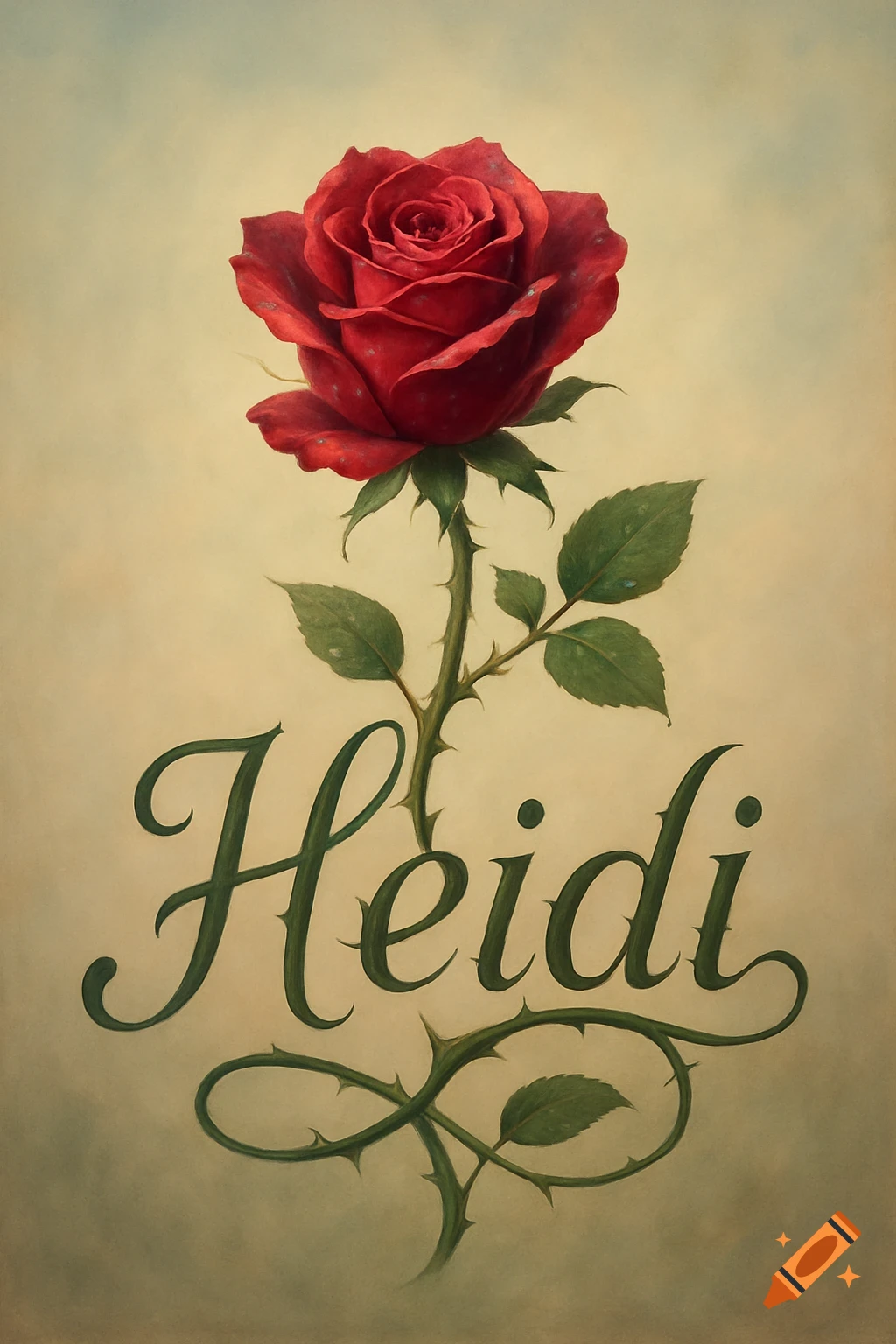 A vibrant red rose with a green stem that intertwines to form the name 'Heidi' in elegant script, against a textured beige background.