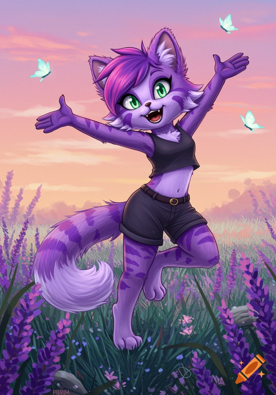 A happy purple anthropomorphic cat with green eyes and purple hair leaps in a lavender field at sunset, with butterflies around her.