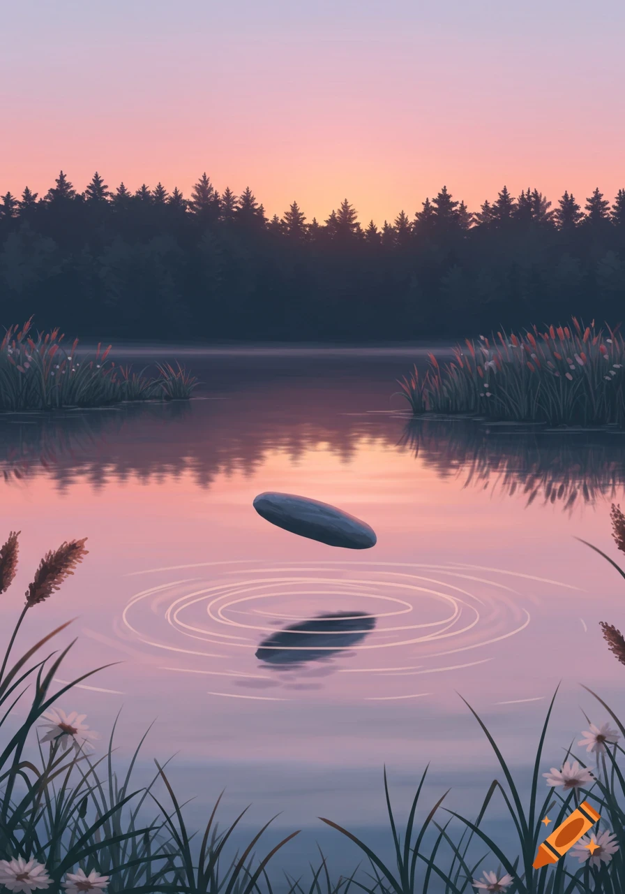 A flat stone skips across a calm lake at sunset, creating ripples. Dark trees line the far shore, with reeds and flowers in the foreground.