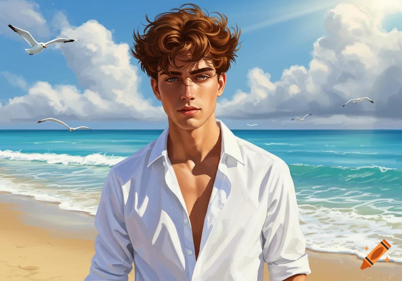 A man with curly brown hair in an unbuttoned white shirt stands on a sandy beach with blue ocean and seagulls under a sunny sky.