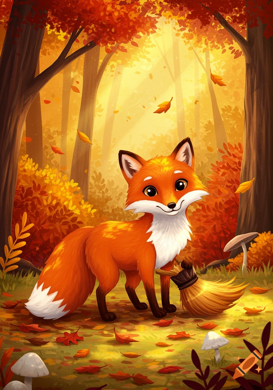 A cute cartoon fox stands in an autumn forest with falling leaves and mushrooms, next to a small broom on the ground.
