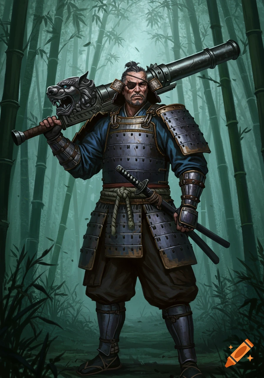 A male samurai with an eyepatch stands in a bamboo forest, wearing dark armor and carrying a large, lion-themed shoulder cannon.