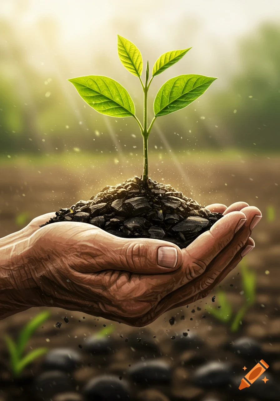 Hands gently cradle a small green plant growing from rich soil under sunbeams.