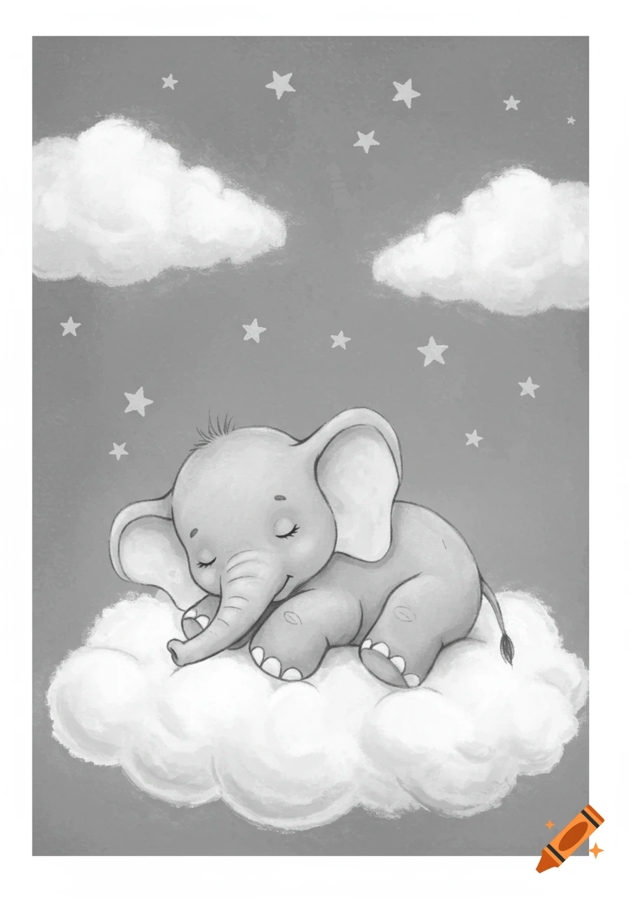 A grayscale illustration of a baby elephant sleeping peacefully on a fluffy cloud under a starry sky.