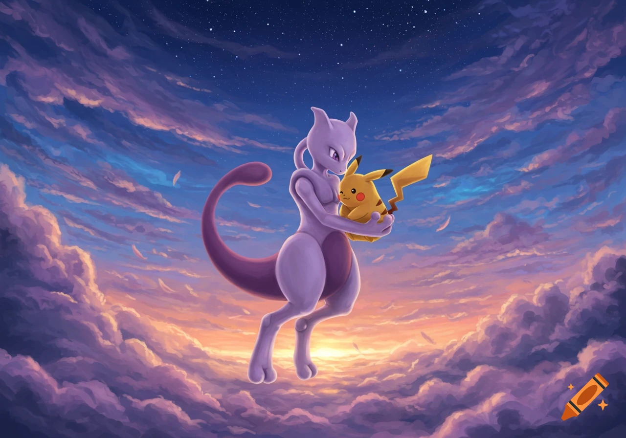 Mewtwo cradles Pikachu lovingly while flying through a colorful, cloud-filled sky at sunset.
