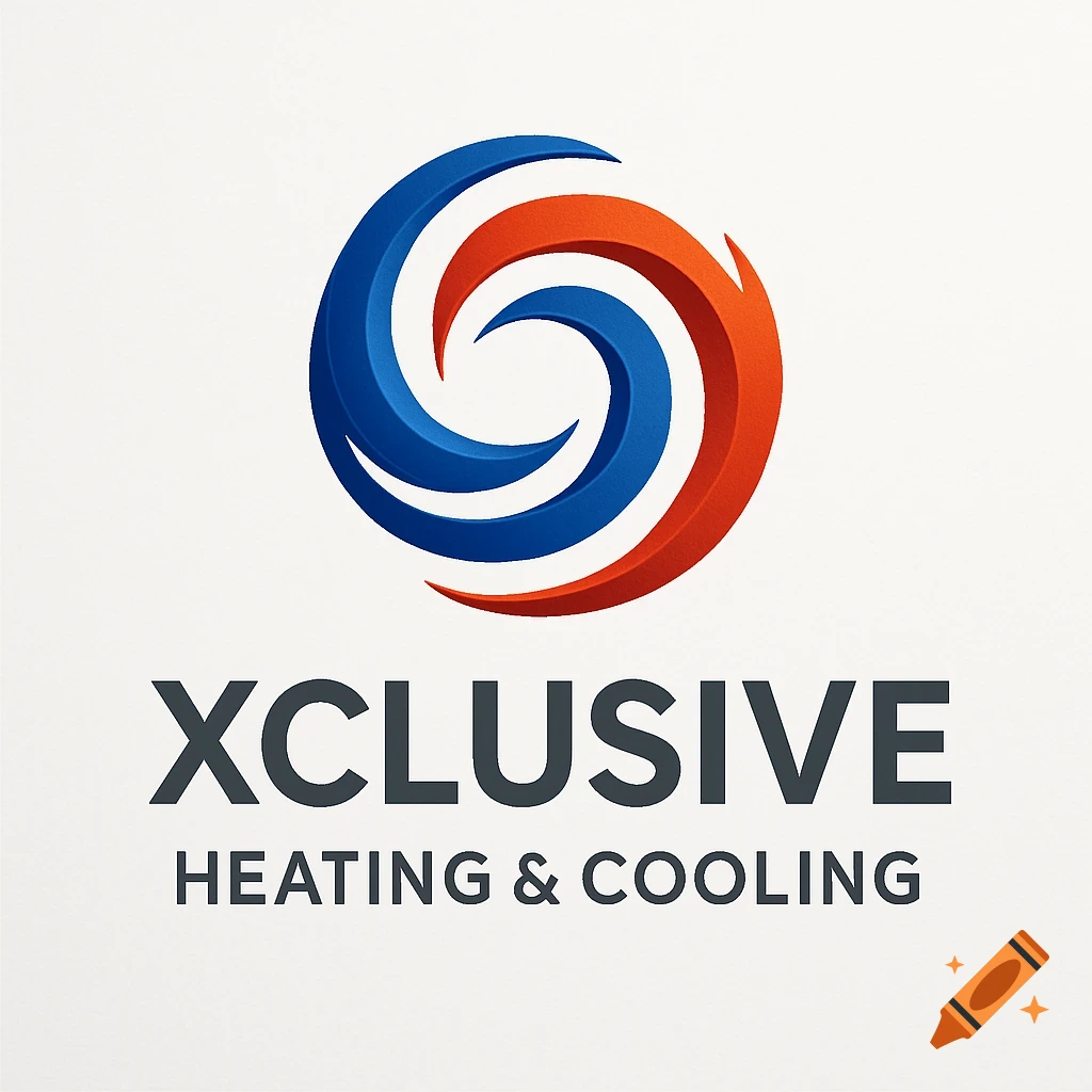 A logo for Xclusive Heating & Cooling, featuring a blue and orange swirling abstract design above the company name.
