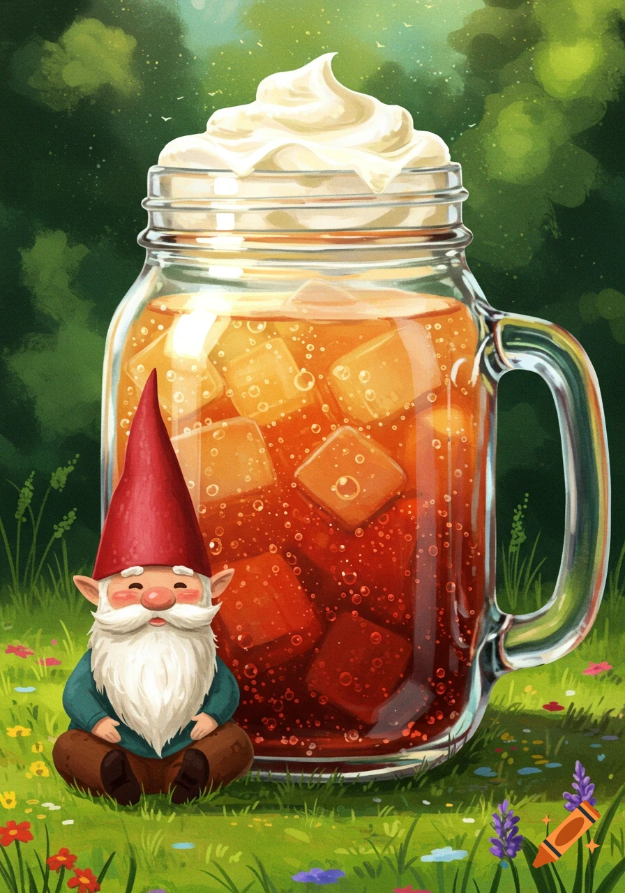 A cute gnome sits next to a mason jar with iced tea and whipped cream on a grassy field with flowers, in an illustration style.