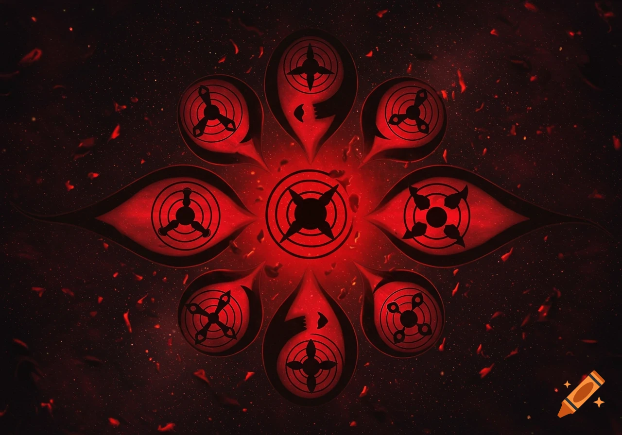 Symmetrical arrangement of red and black stylized eye symbols (Sharingan) against a dark, smoky background with red specks.