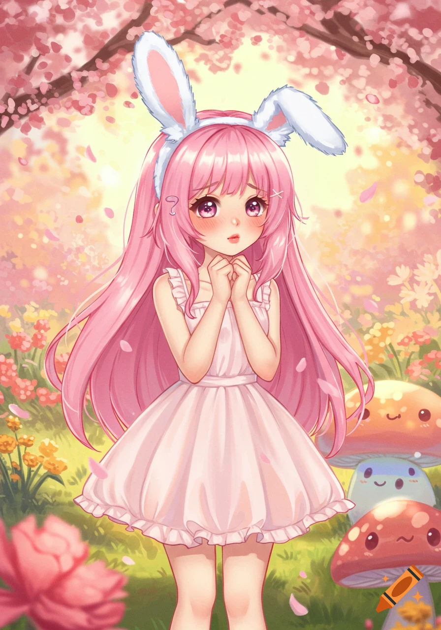 Shy pink-haired anime girl in a white dress with bunny ears, standing in a cherry blossom garden among cute mushrooms.