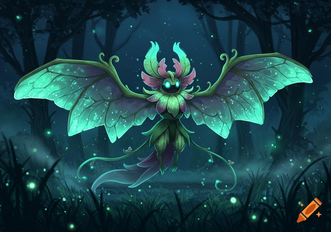 A vibrant, glowing fantasy creature resembling a plant or insect, with large green wings and leaf-like body, floats in a dark, misty forest with fireflies.