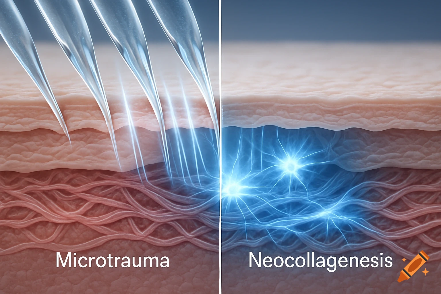 A photorealistic scientific illustration showing microneedles penetrating skin for microtrauma on the left, and neocollagenesis with glowing cells on the right.