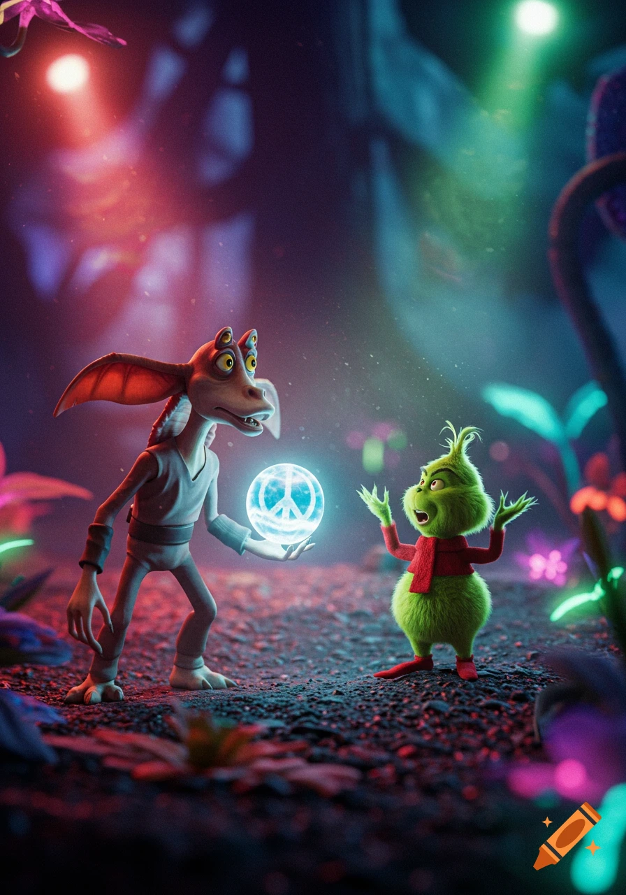 Jar Jar Binks offers a glowing peace symbol orb to the Grinch in a vibrant, bioluminescent forest at night in a 3D animated style.