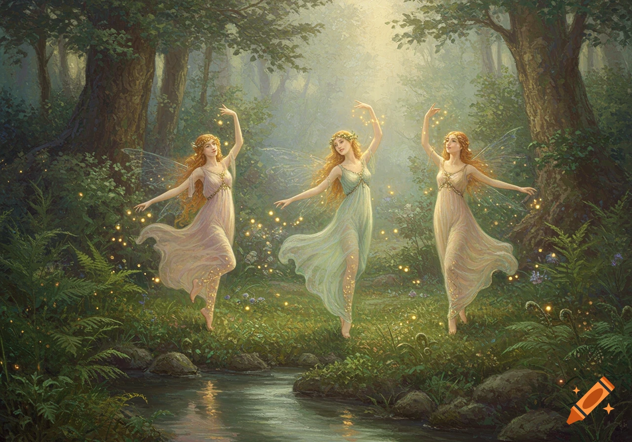 Three ethereal fairies with wings dance above a stream in a luminous enchanted forest, in a classical painting style.