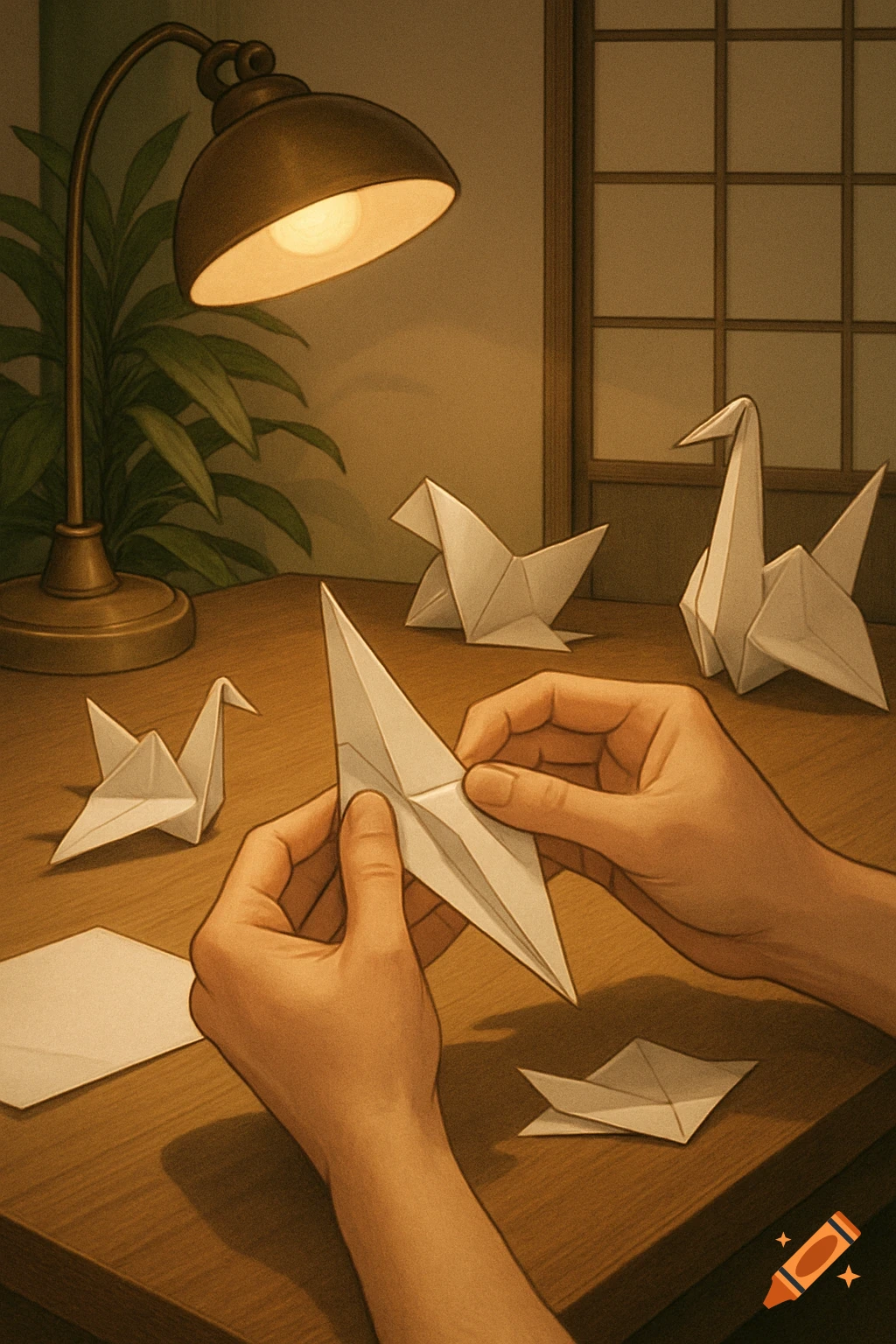 Hands fold white paper into an origami crane on a wooden desk with a lamp, other origami birds, and a window.