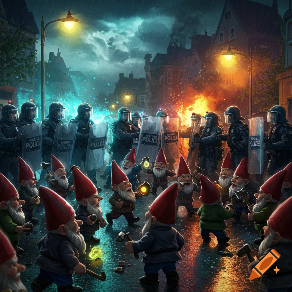 A large crowd of gnomes with red hats confront police officers in riot gear on a rainy city street at night, with fires burning in the background.