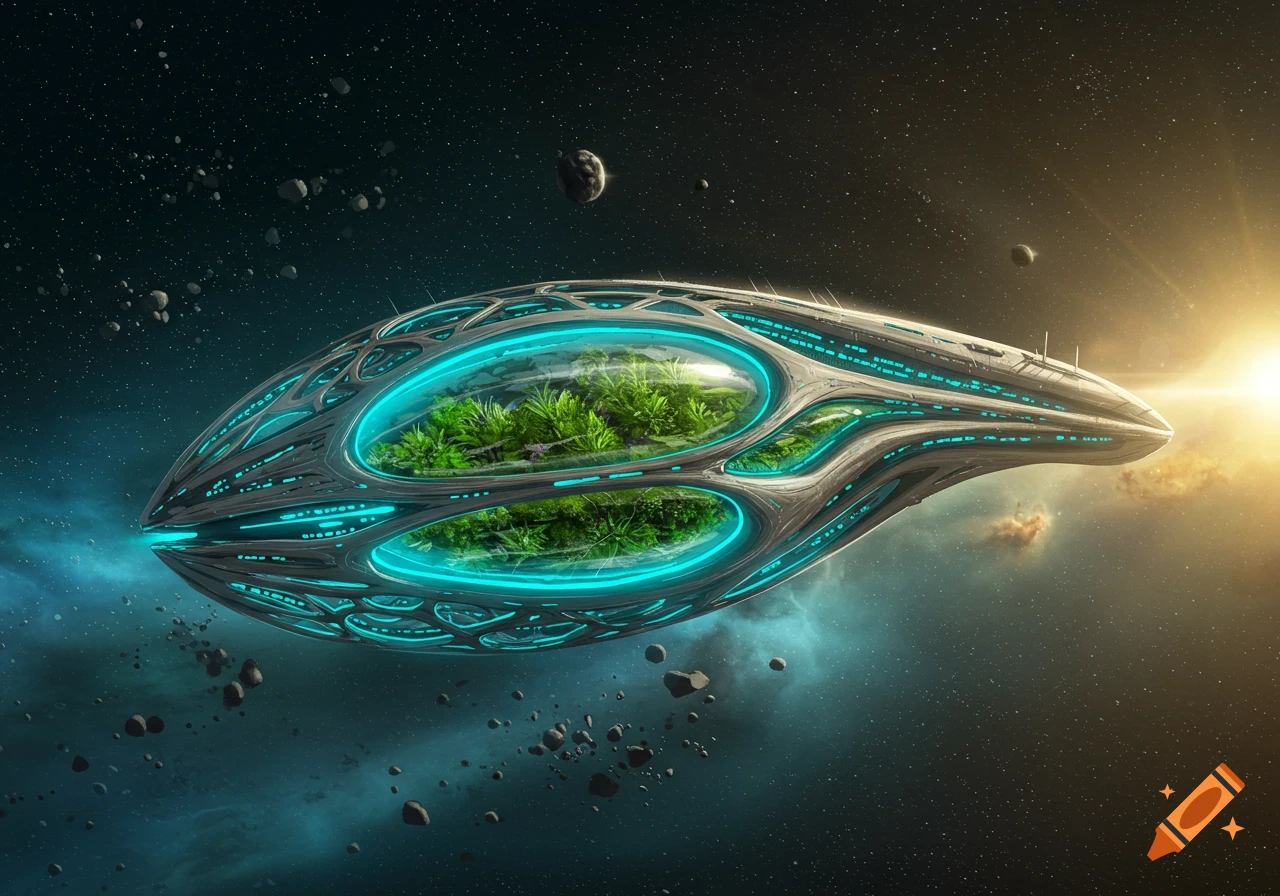 A futuristic, seed-shaped spaceship with glowing green plants inside, floating through space near asteroids and a bright sun.