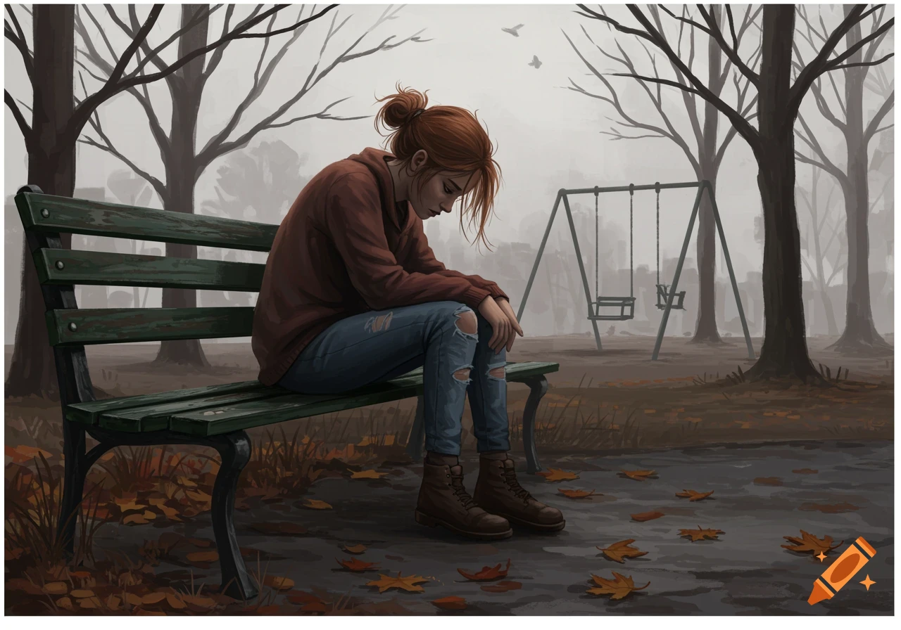 Illustrated image of a sad young woman sitting alone on a park bench in a desolate, foggy park with bare trees and fallen leaves.