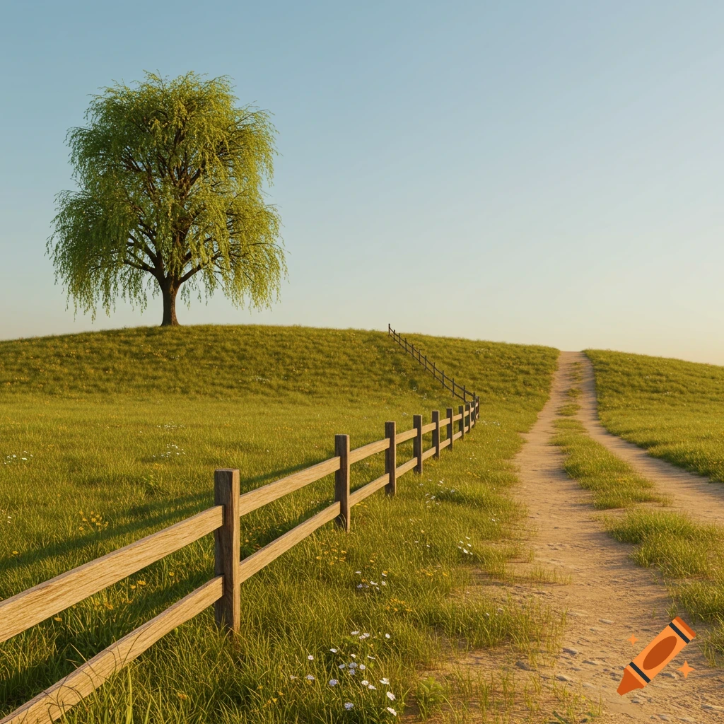 A scenic view of a green grassy hill with a weeping willow tree at its peak, a wooden fence, and a dirt path leading up the hill under a clear sky.