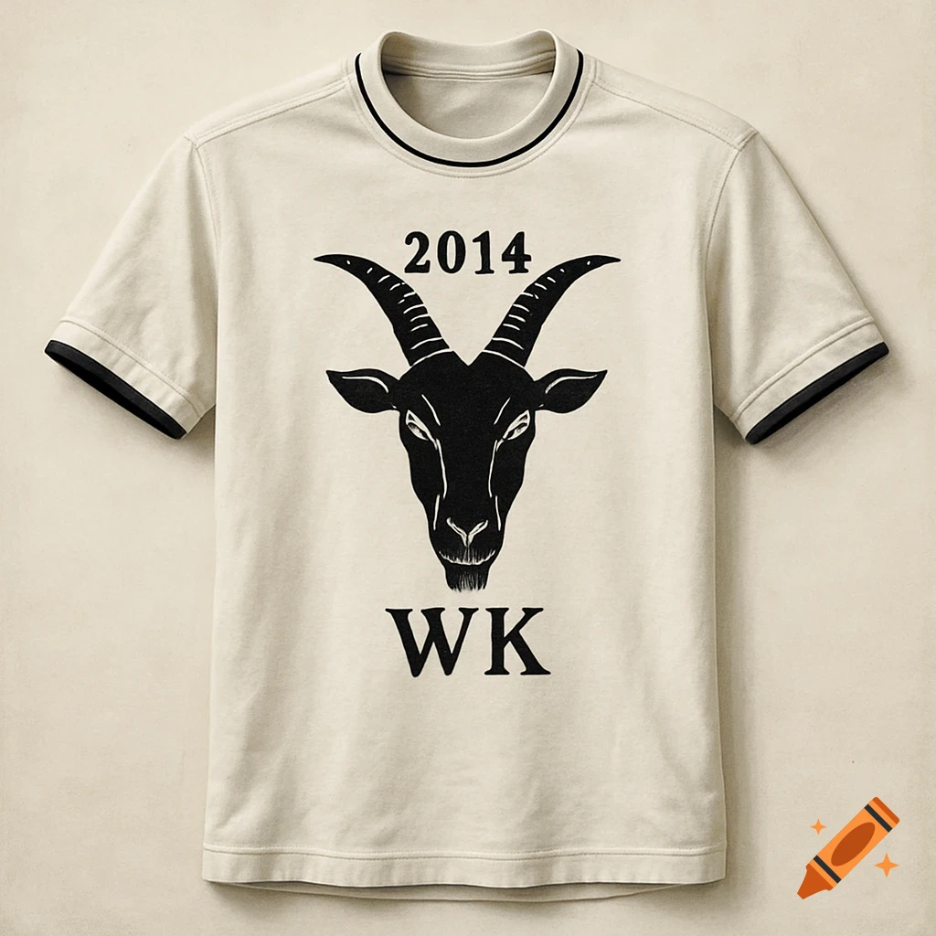 A classic white t-shirt featuring a black goat head logo with '2014' above and 'WK' below, rendered realistically.