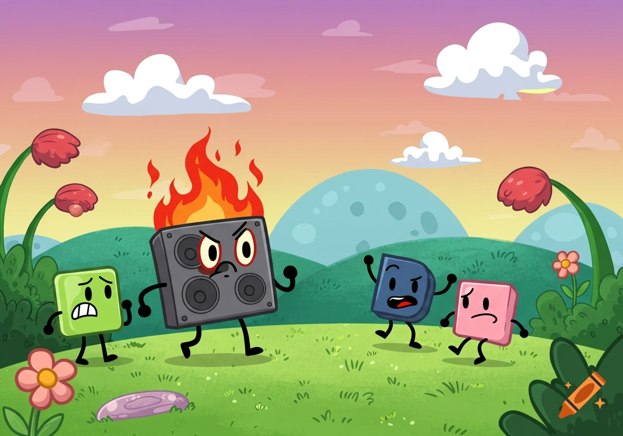 A cartoon speaker character on fire, angry, chases three frightened block characters (green, blue, pink) in a colorful field.