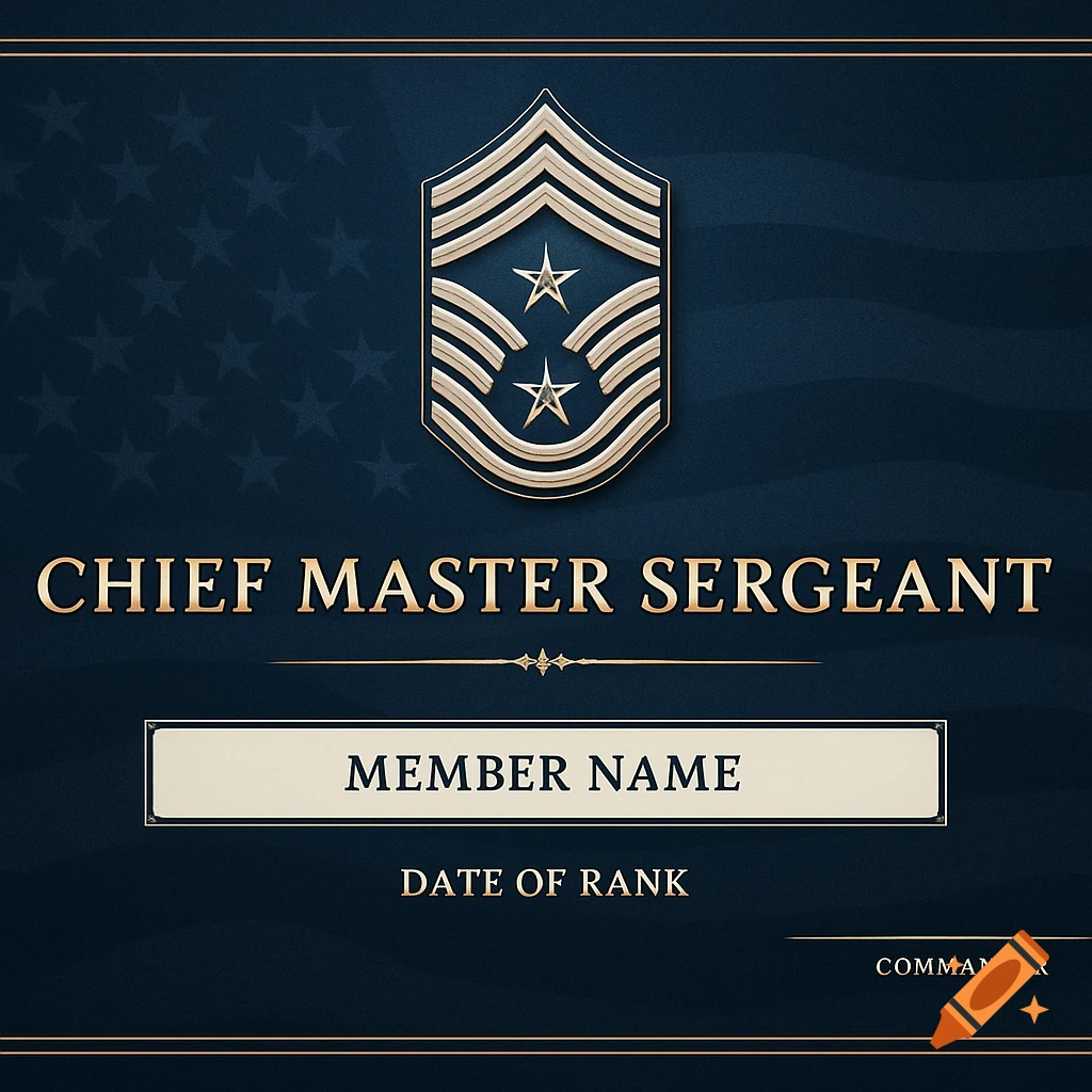 A military certificate background featuring a Chief Master Sergeant rank insignia, gold borders, and text fields for name and date.