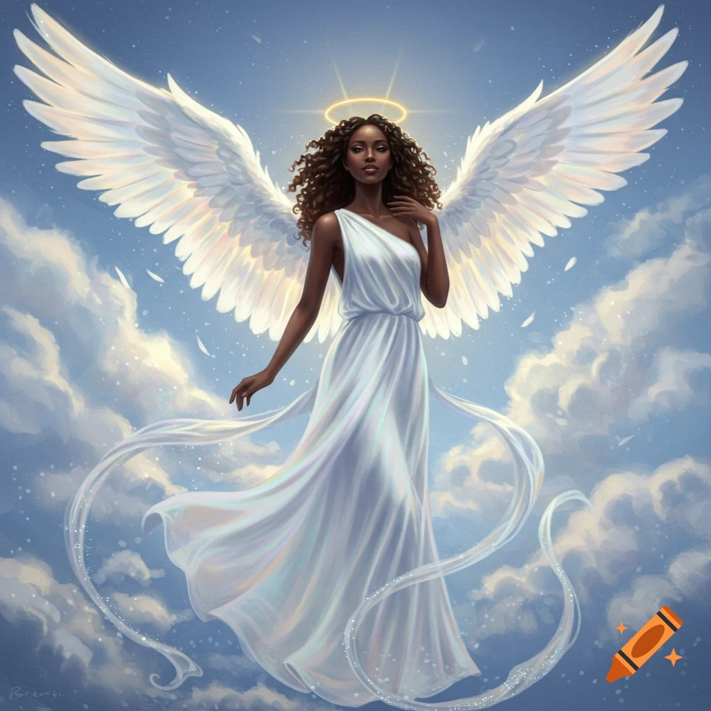 An elegant, dark-skinned woman angel with large white wings and a golden halo, standing in a flowing white gown amidst soft clouds and a blue sky in a painterly style.