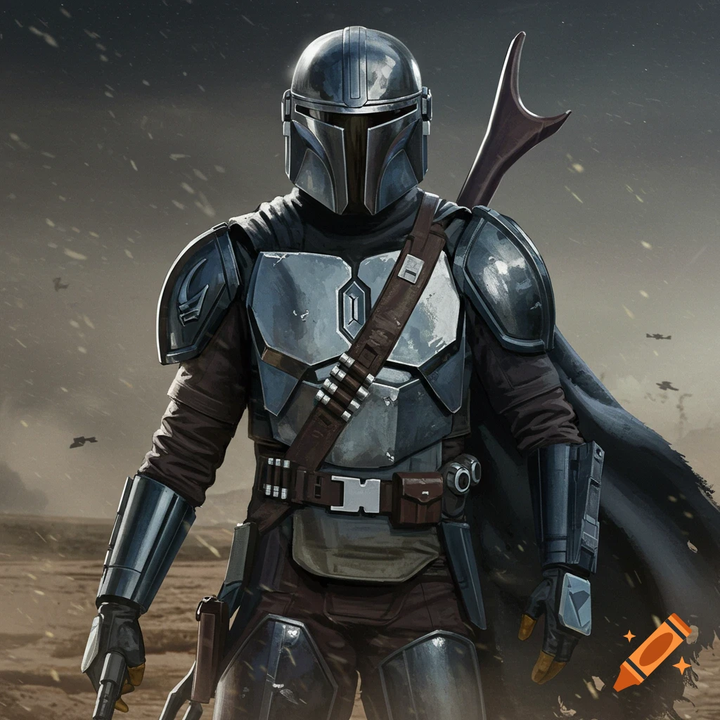A warrior in dark Mandalorian-style armor stands in a dusty landscape with a cape and rifle. The armor is metallic and detailed.
