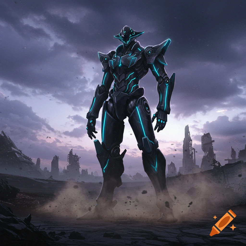 A dark, armored mecha with glowing blue accents stands in a ruined city under a cloudy, twilight sky.