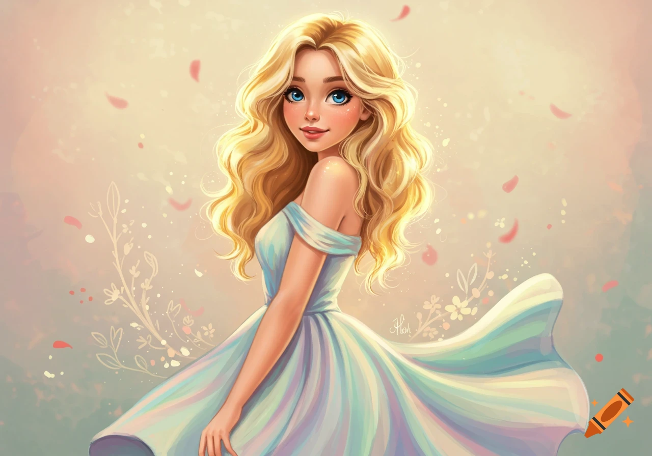 A charming animated woman with long blonde hair and blue eyes, wearing a flowing pastel dress, surrounded by sparkling effects and falling petals.