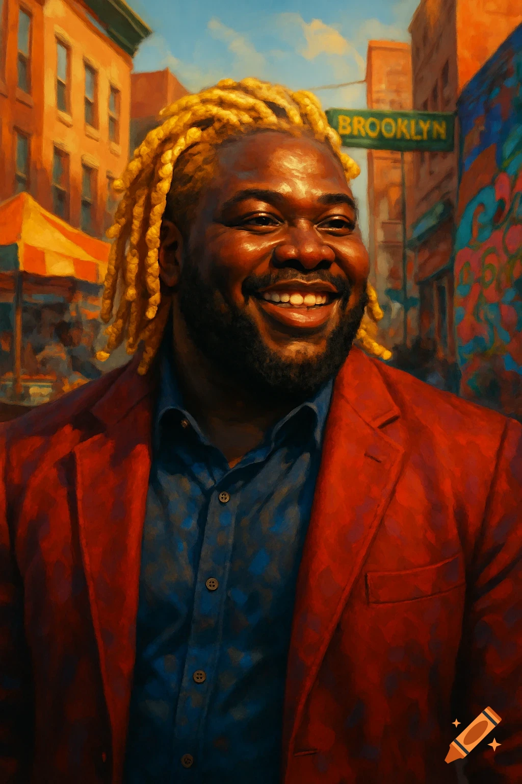 A smiling Black man with blonde dreadlocks in a red jacket stands on a Brooklyn street, in a painterly style.