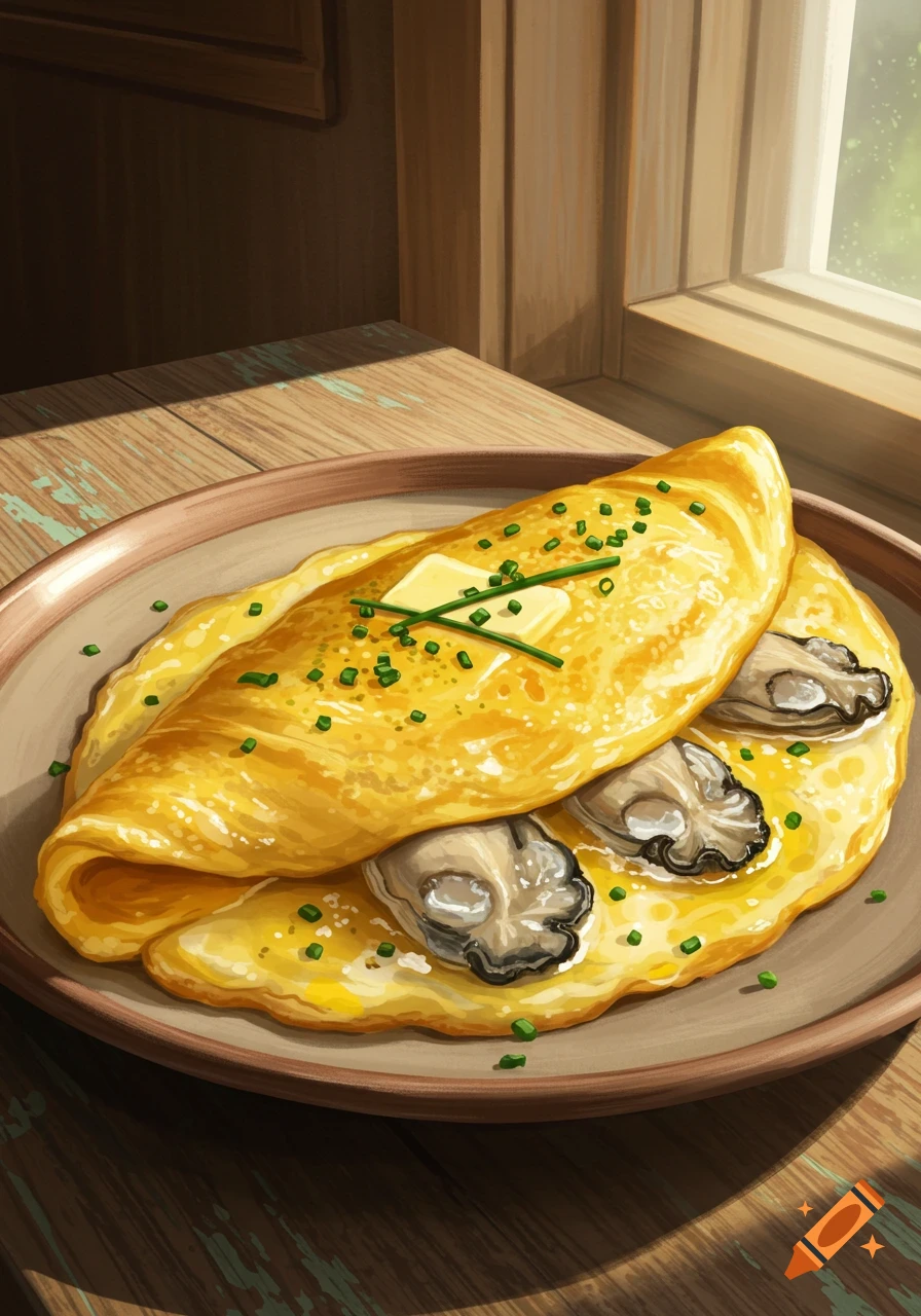 Digital painting of an omelette with oysters, topped with butter and chives, on a plate on a wooden table by a sunny window.