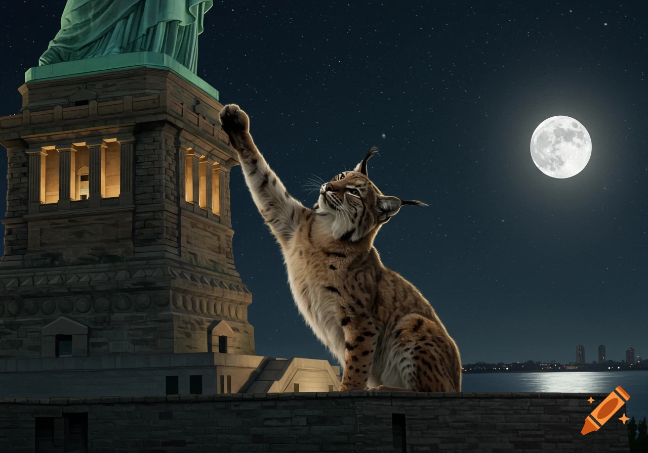 A giant lynx stands on the base of the Statue of Liberty at night, reaching a paw towards the statue under a full moon.