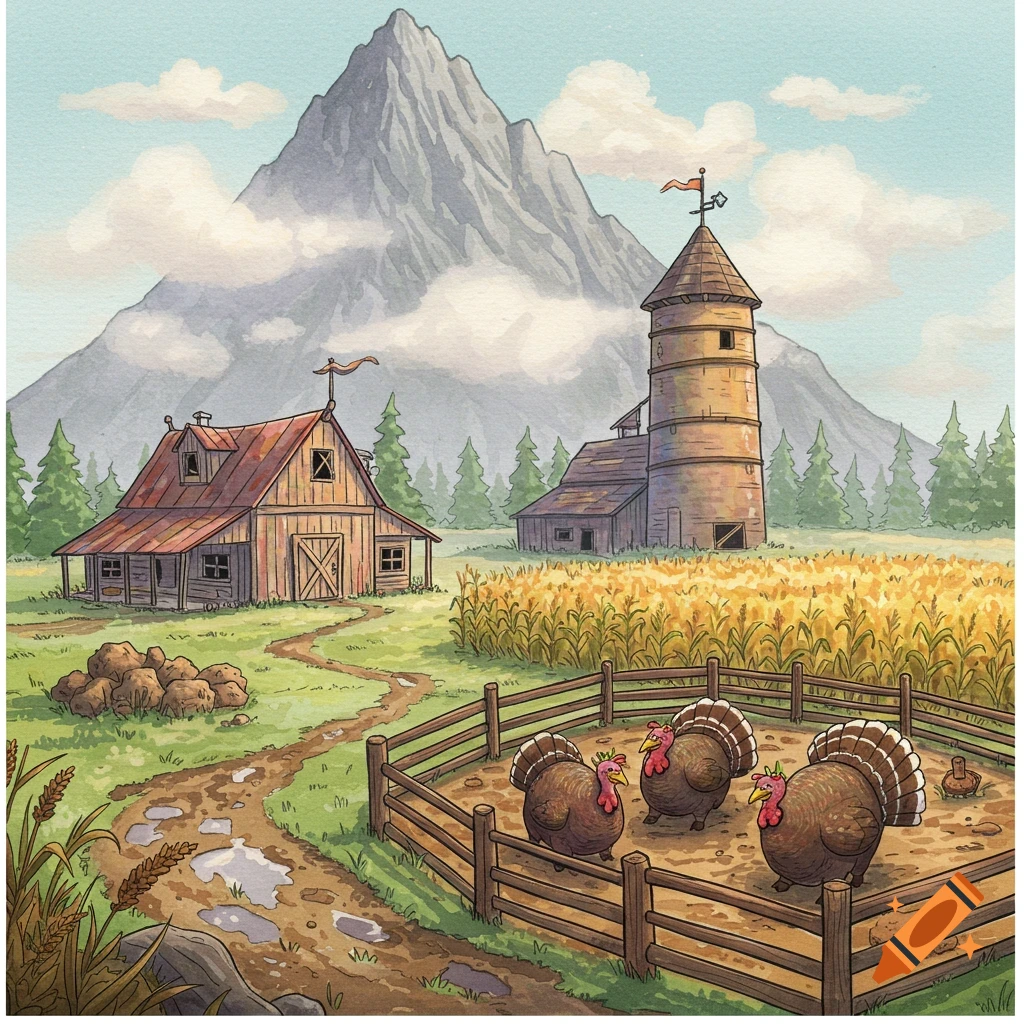 A colorful watercolor painting of a farm with a barn and a tower at the base of a mountain. Three turkeys are in a fenced pen, with a cornfield behind them.