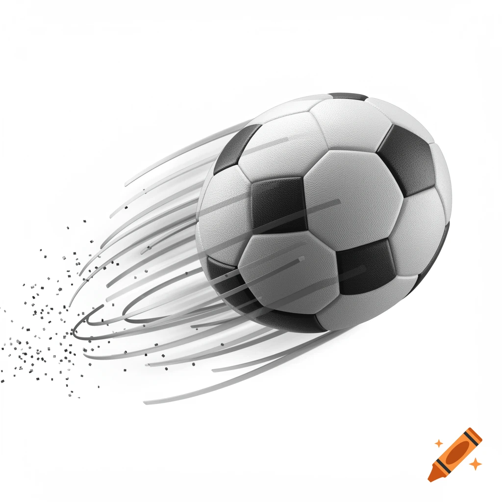 A classic black and white soccer ball appears to be in motion, leaving speed lines and small particles behind it on a white background.