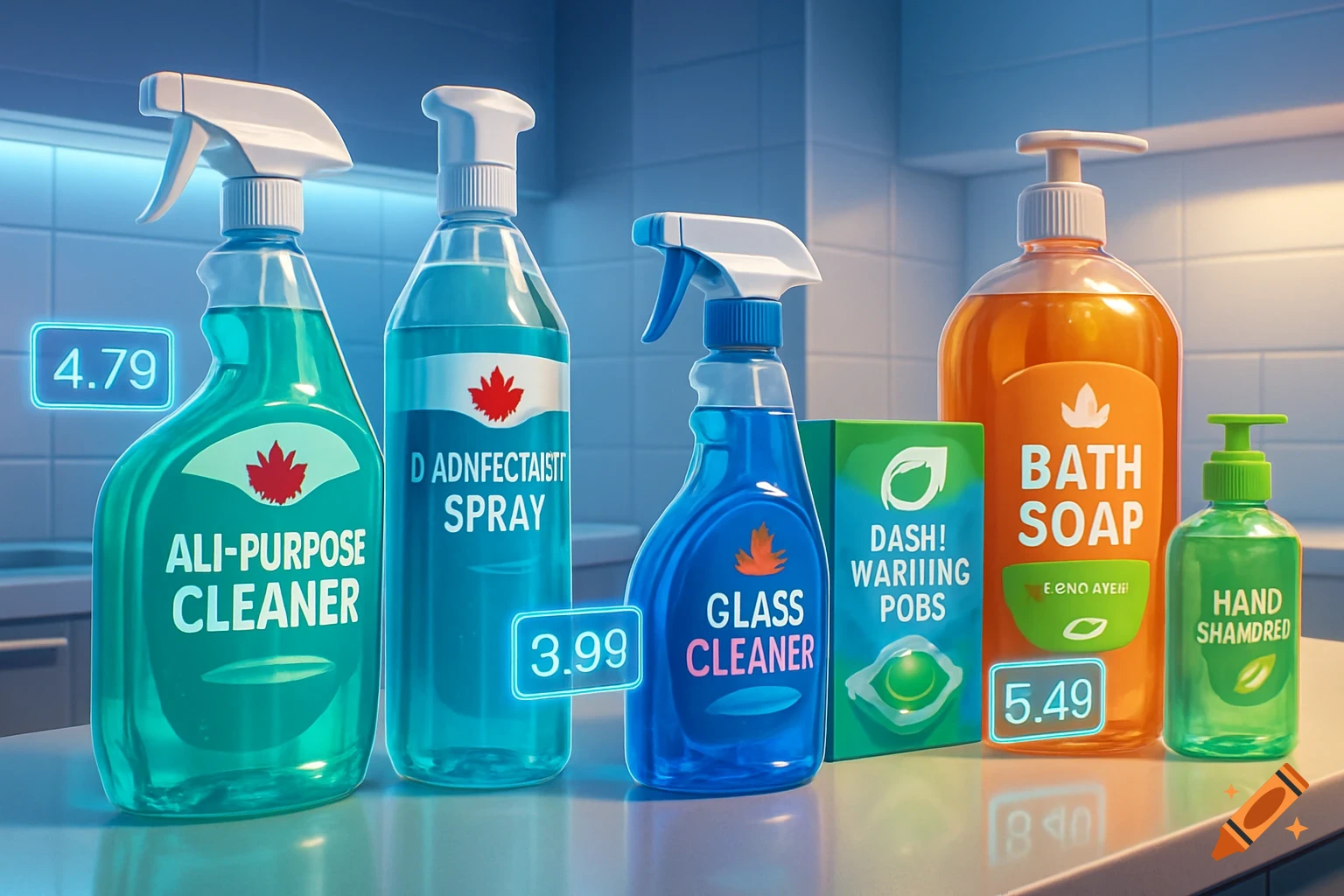 A lineup of various cleaning and personal care products on a counter, including "Ali-Purpose Cleaner," "Disinfectant Spray," "Glass Cleaner," "Bath Soap," and "Hand Soap," with glowing digital price tags.